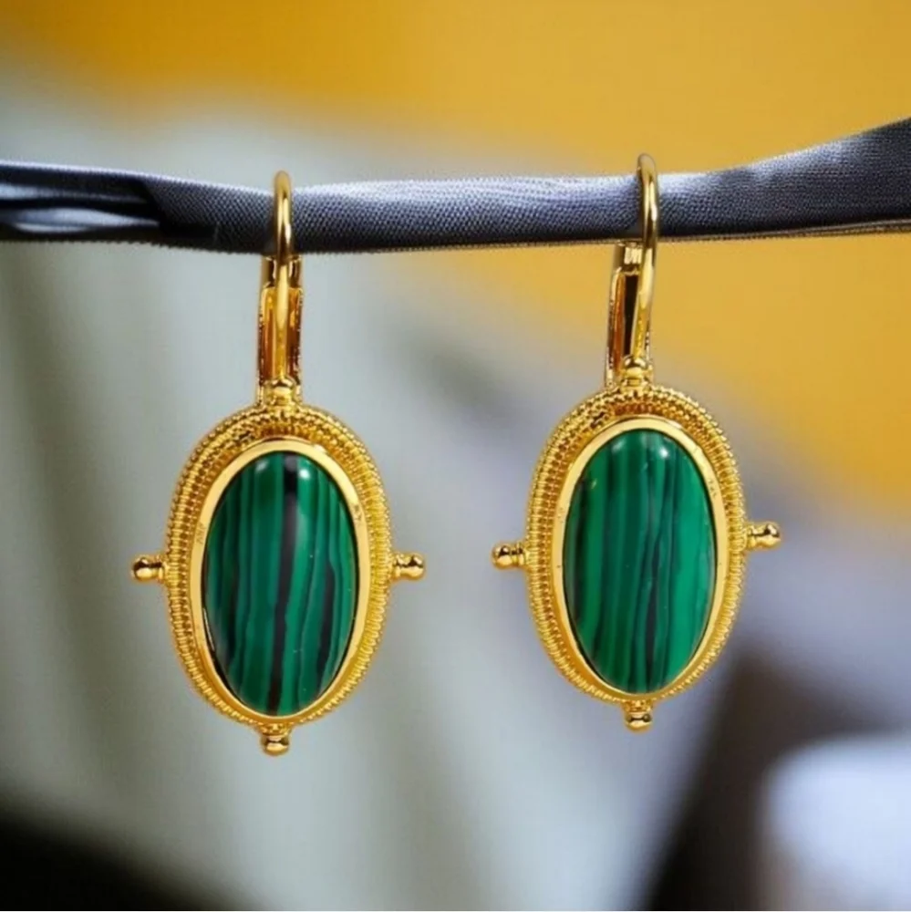 18k Gold Plated Malachite Cabochon Dangle Earrings